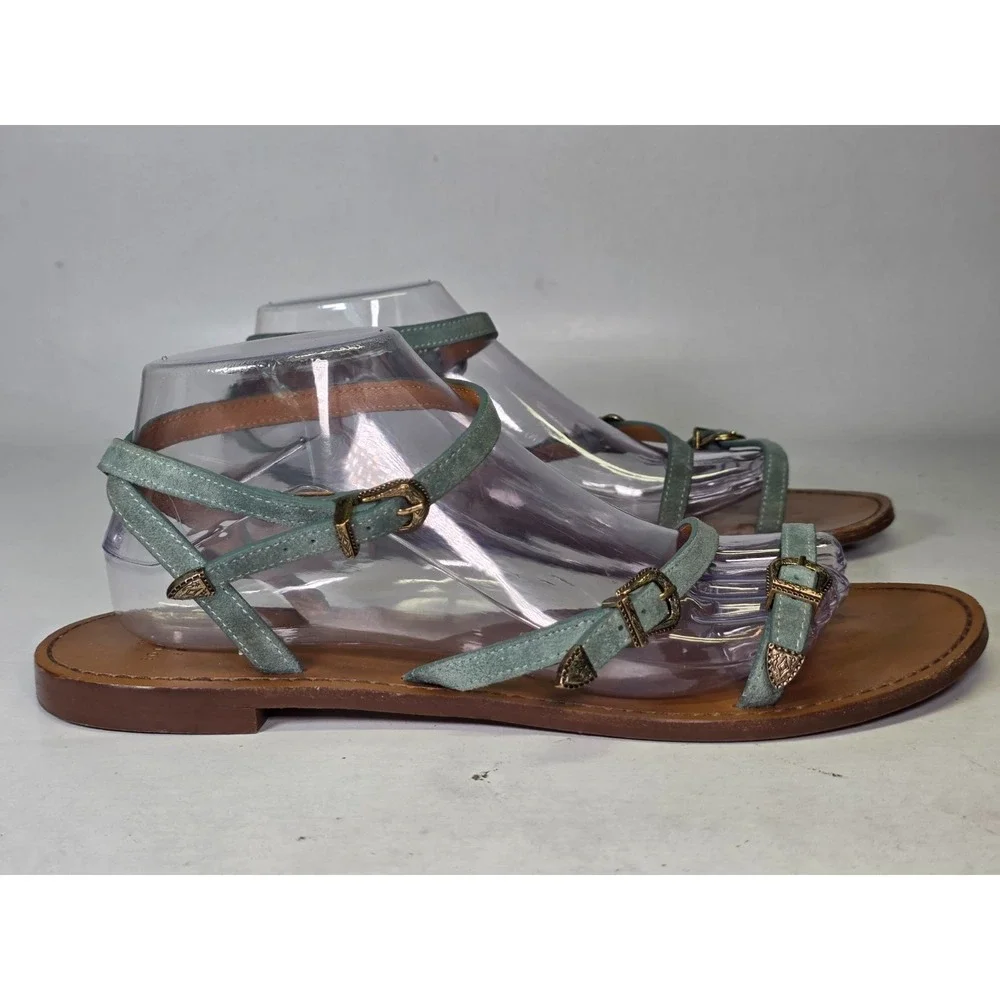 Sezane Les Souliers Sandals Women's Size 10 Teal Green Suede Strappy Shoes Italy
